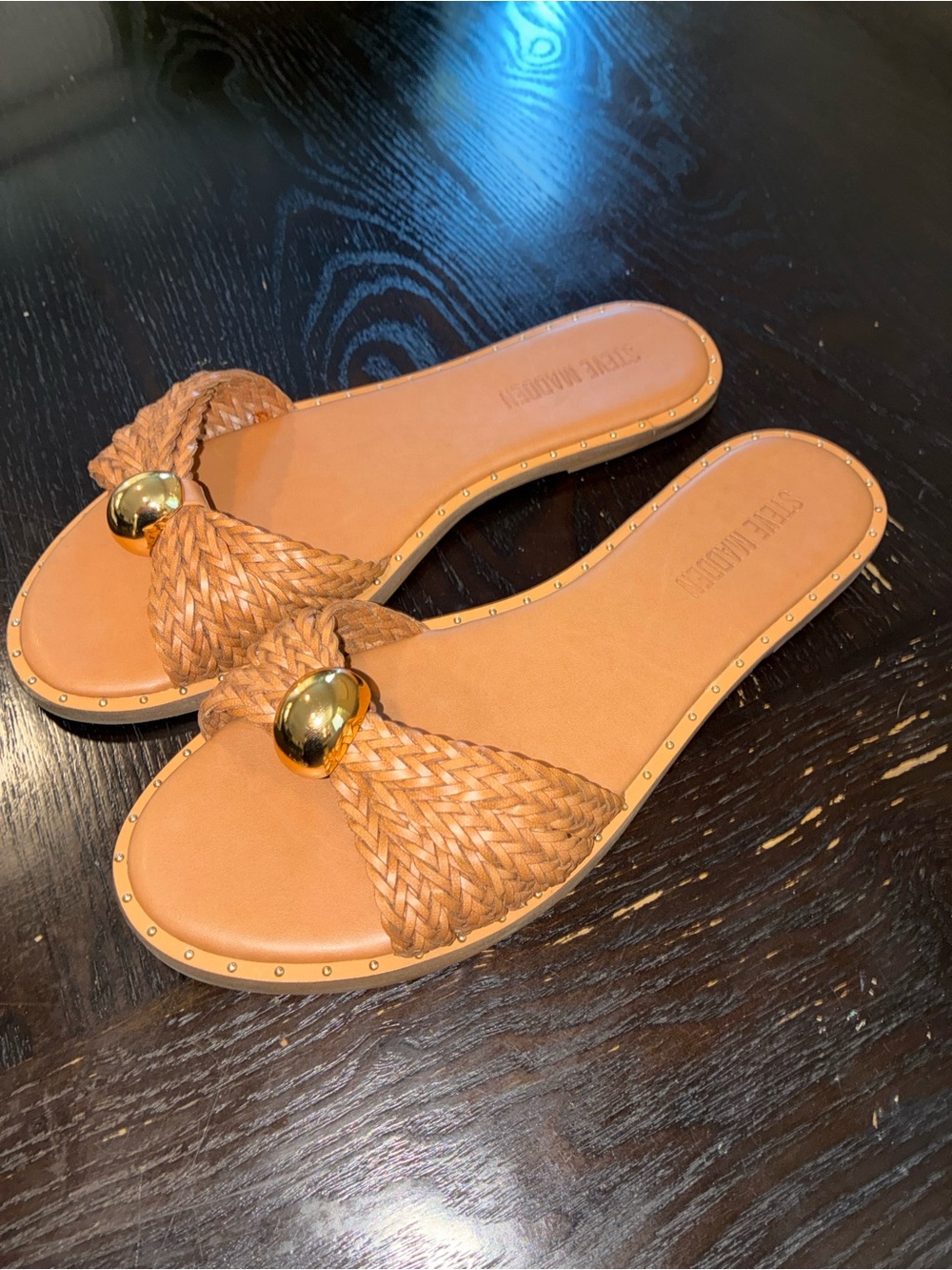 Steve Madden Tan Braided Slide Sandals with Gold Detail
